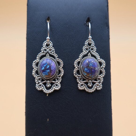 Sterling Silver Ornate Purple Turquoise Stone Earrings A5440 - Picture 1 of 5
